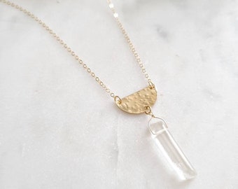 Gold Quartz Necklace with a hammered half Circle. Half Moon Necklace. Sterling Silver Half Circle Necklace. Gift for her.