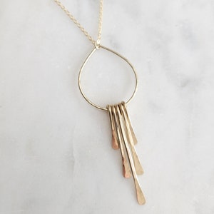 Gold Fringe Necklace, Long Gold Necklace with a fringe pendant, Hand Hammered Fringe Necklace in 14 K Gold Filled, Vertical Bar Necklace