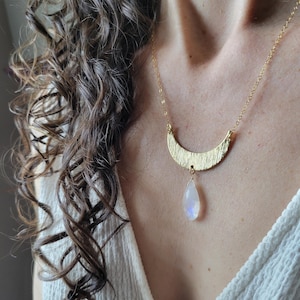 Moonstone Crescent Moon Necklace. Gold Statement Boho Crystal Necklace
