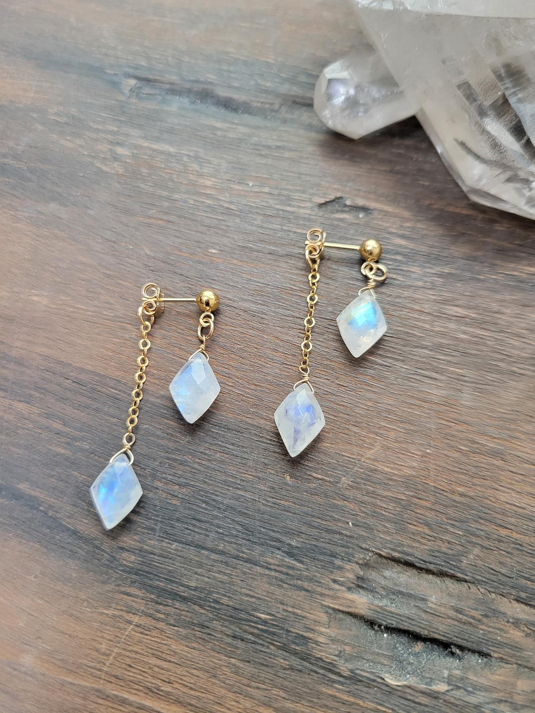 Rainbow Moonstone Dangle Stud Earrings. Gold Filled or Sterling Silver. - Etsy Japan