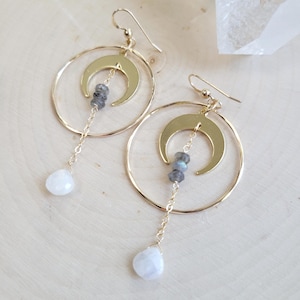 Labradorite Moonstone Moon Dangle Earrings. Gold boho Gemstone Earring.