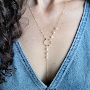 Freshwater Pearl Drop Necklace, Dainty Gold Filled or Sterling Silver Lariat Layering Necklace