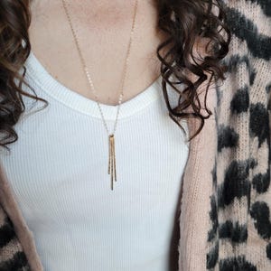 Long Gold Fringe Layering Necklace, 14K Gold Filled Bar Necklace.