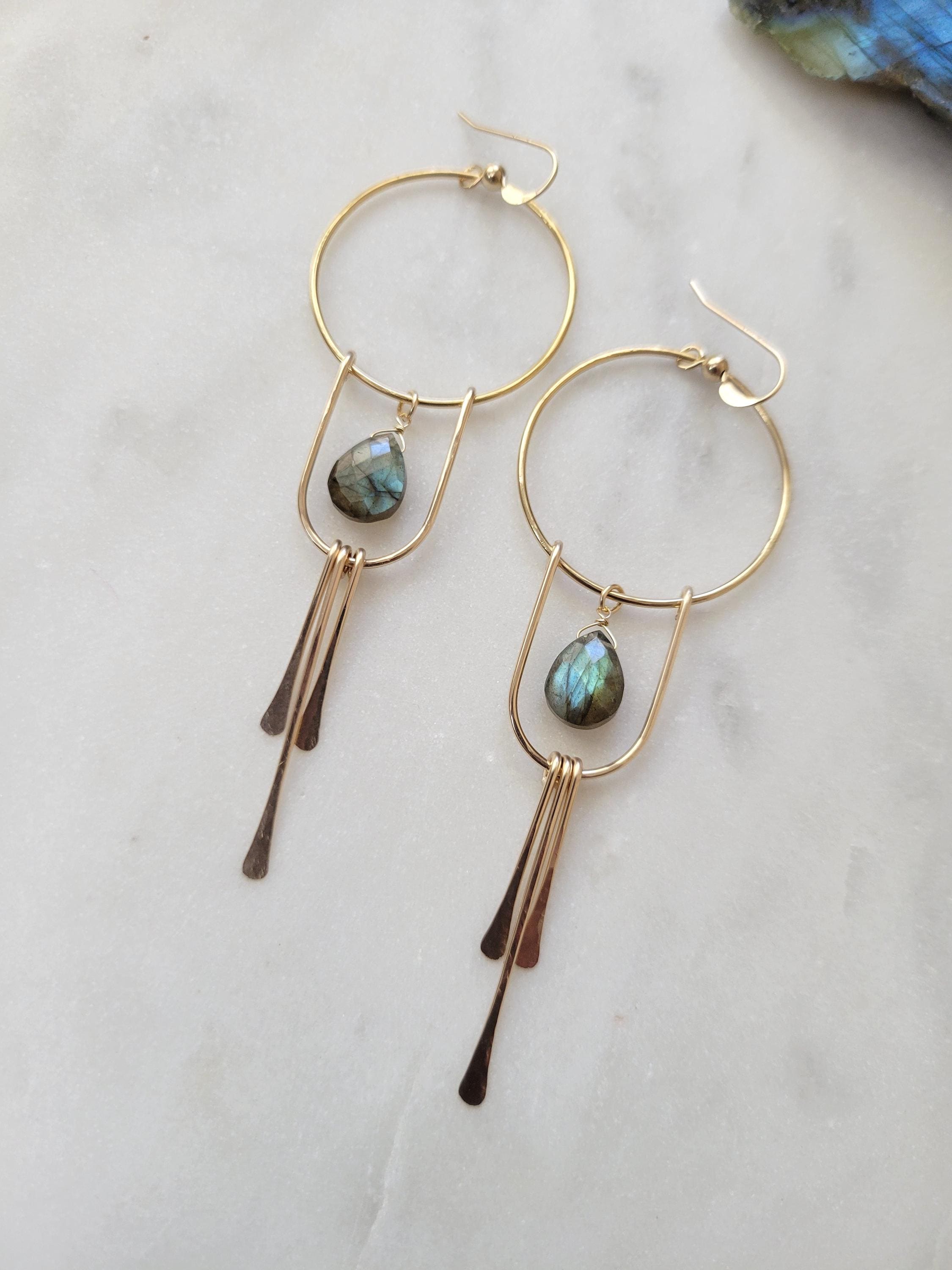 Labradorite Fringe Hoop Earrings. Gemstone Dangle Earrings. Hammered Bar Earrings.