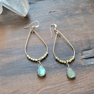 Labradorite Hoop Earrings, Gold Filled or Sterling Silver, Dainty Gemstone Dangle Earrings.
