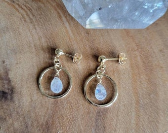 Dainty Moonstone Dangle Earrings. Stud Earrings. Gold Filled or Sterling Silver