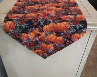 Fall Print Pumpkins on Black Table Runner 13" x 72" Cotton Handmade