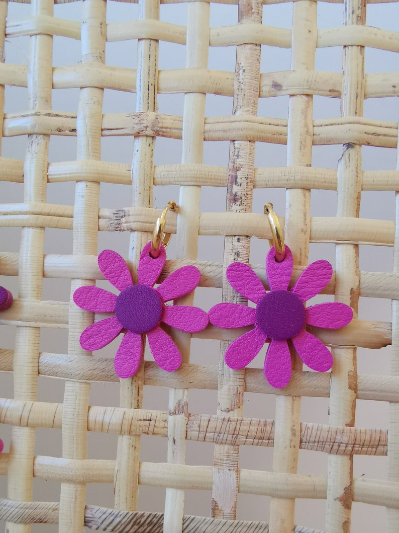 Boucles d'oreilles Daisy en cuir upcyclé / Violet, Rose Double et simple 🌼Rose/Violet