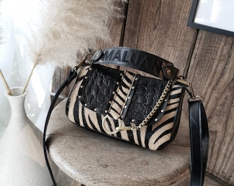 "MINI LOU" handbag in smooth black leather and beige zebra hair leather.