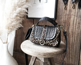 "MINI LOU" handbag in smooth black leather and hairy leather