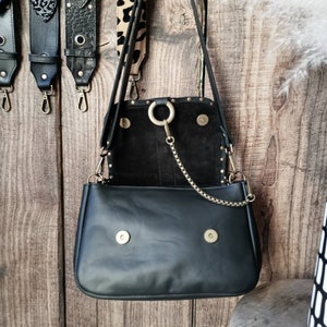 LOU handbag in smooth black leather and croco calfskin. Flap with rivets image 6