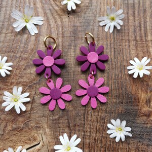 Boucles d'oreilles Daisy en cuir upcyclé / Violet, Rose Double et simple zdjęcie 7