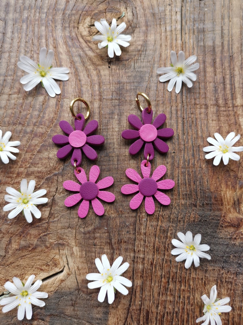 Boucles d'oreilles Daisy en cuir upcyclé / Violet, Rose Double et simple zdjęcie 7