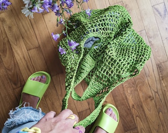 "June" bag in raffia (openwork crochet mesh) lime