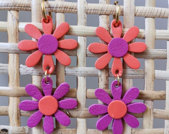 Daisy earrings in upcycled leather / Pink, Orange (Double and single)