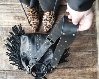 "Eva Rock" handbag in black cowhide leather