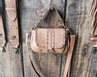 "MINI LOU" handbag in smooth camel leather and crocodile cowhide leather.