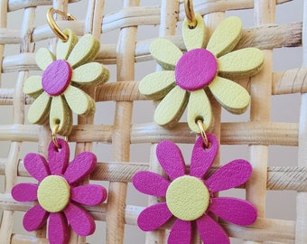 Daisy earrings in upcycled leather / Yellow, pink (Double and single)