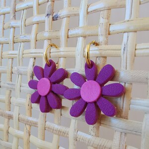 Boucles d'oreilles Daisy en cuir upcyclé / Violet, Rose Double et simple zdjęcie 4