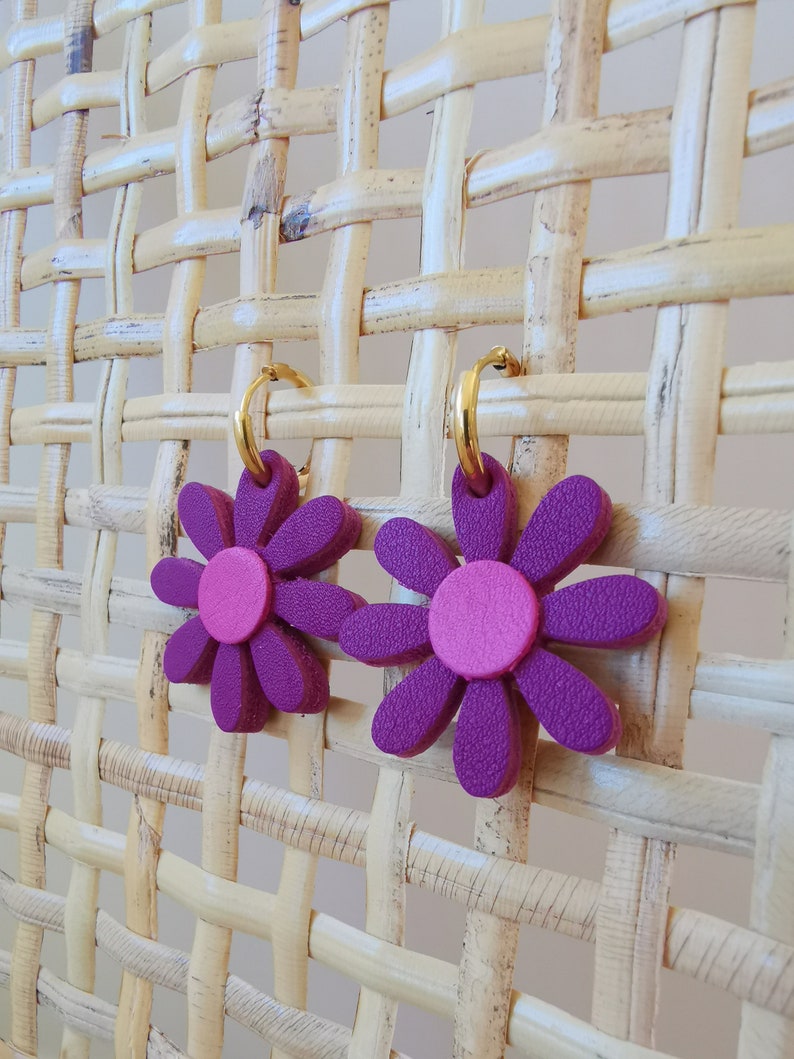 Boucles d'oreilles Daisy en cuir upcyclé / Violet, Rose Double et simple zdjęcie 4