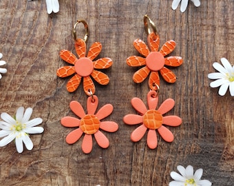 Pendientes margaritas en cuero reciclado/naranja (Doble y simple)