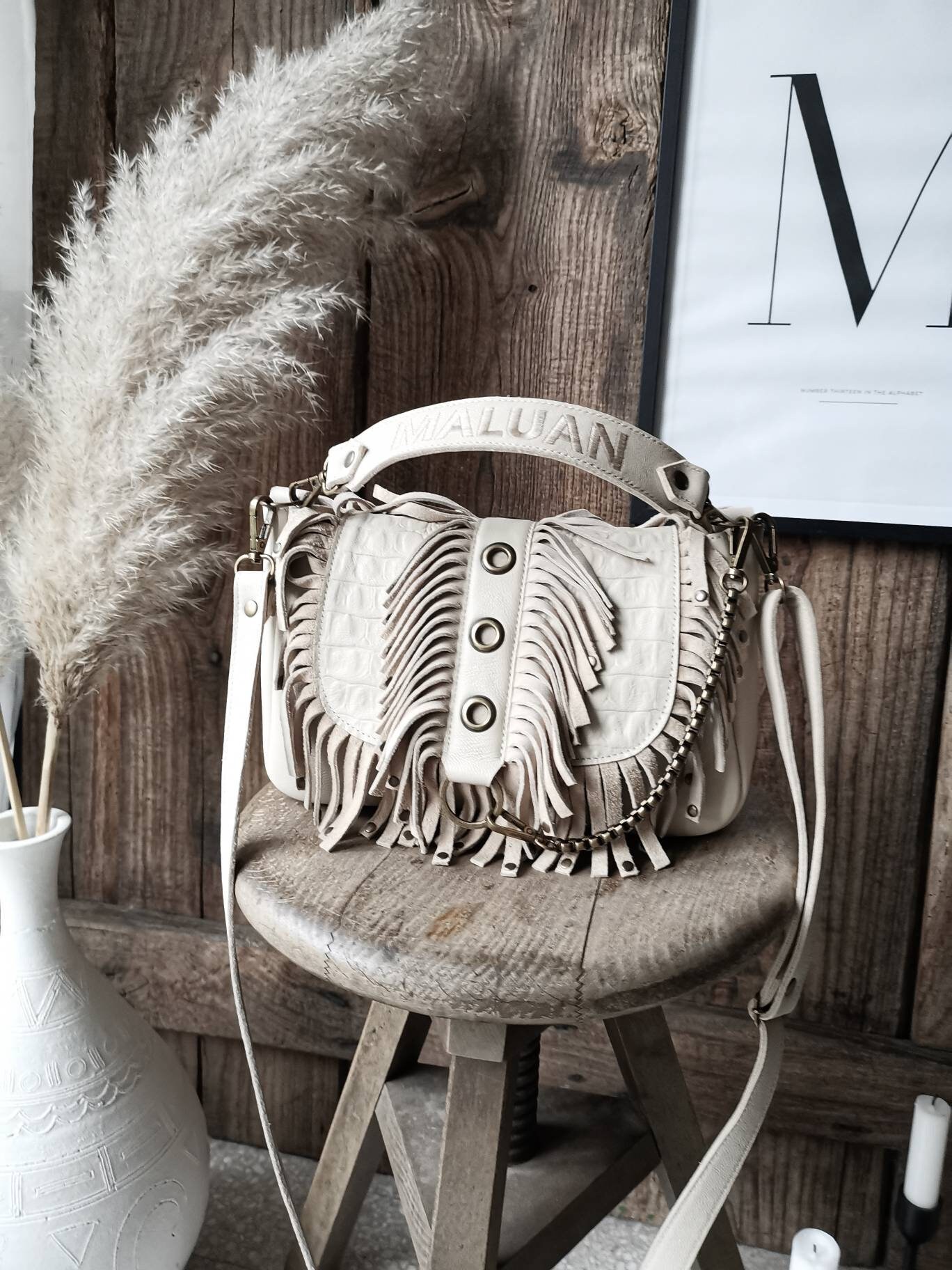 Handbag "LOU" fringes beige rock