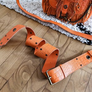 Adjustable cowhide leather shoulder strap. Orange Crocodile leather. image 4