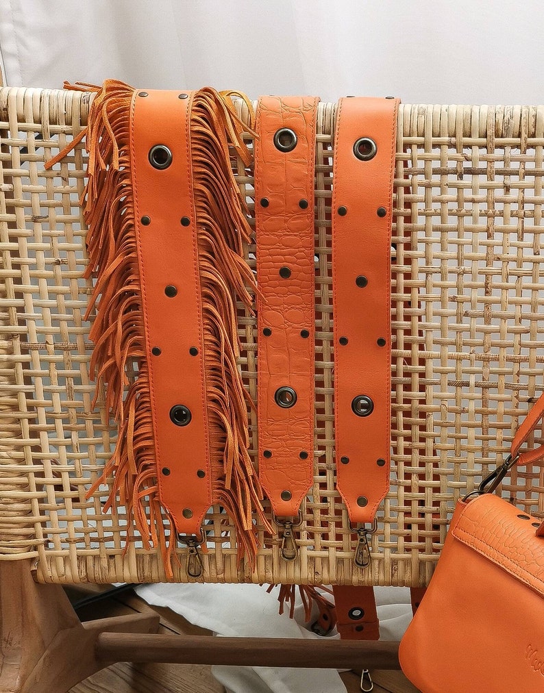 Adjustable cowhide leather shoulder strap. Orange Crocodile leather. image 2