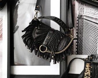 “MINI LOU” handbag with black rock fringes