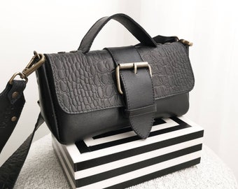 "Victoria" size S handbag in black croco and smooth cowhide leather