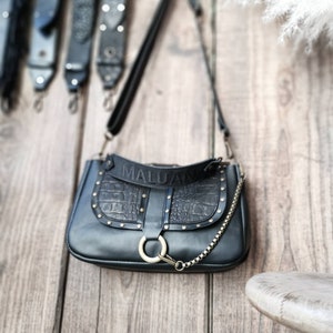 LOU handbag in smooth black leather and croco calfskin. Flap with rivets image 1