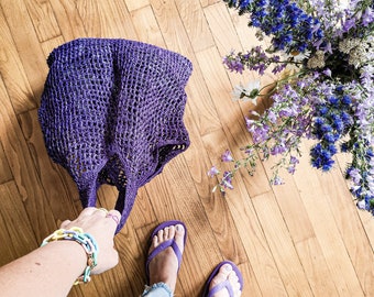 "June" bag in purple raffia (openwork crochet mesh)