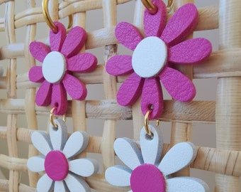 Pendientes margaritas en cuero reciclado / Blanco, Rosa (Doble y simple)