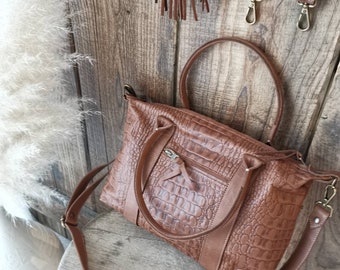 Bag "LOUISE" size S in hazelnut crocodile cowhide leather