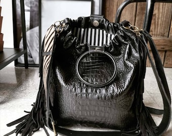 Large "Eva" bag size L in black crocodile cowhide leather