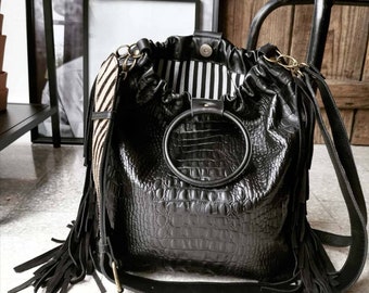 Large "Eva" bag size L in black crocodile cowhide leather