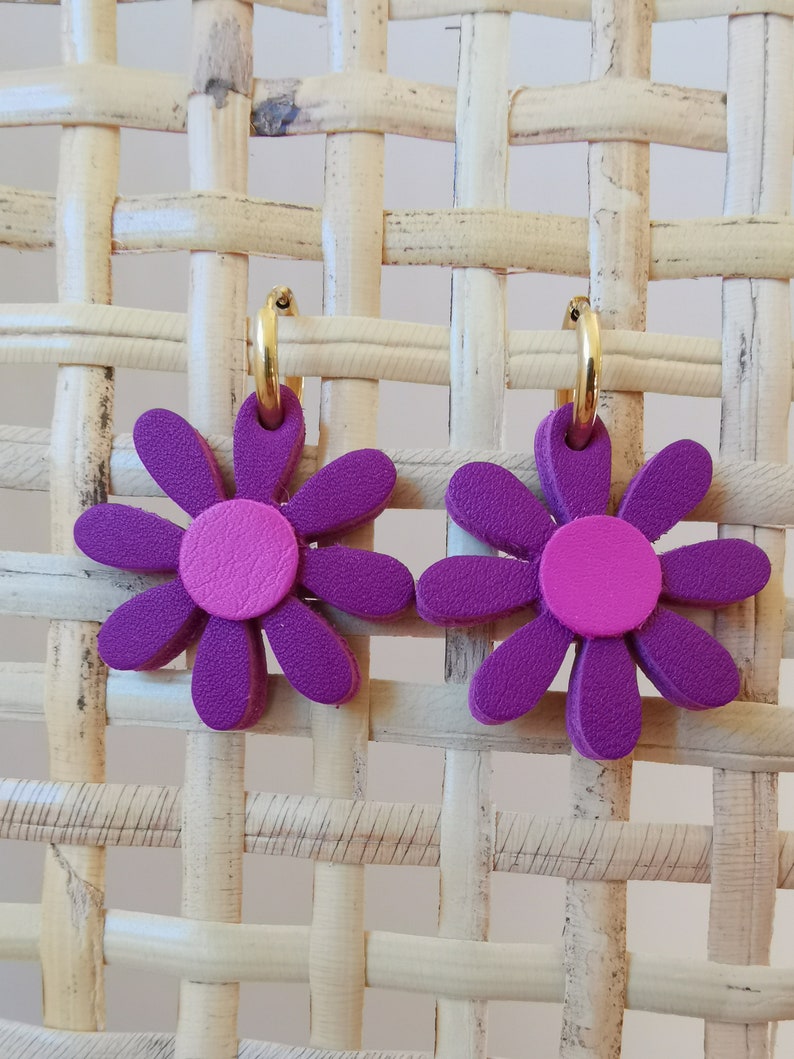 Boucles d'oreilles Daisy en cuir upcyclé / Violet, Rose Double et simple 🌼 Violet/Rose