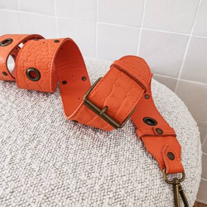 Adjustable cowhide leather shoulder strap. Orange Crocodile leather. image 3
