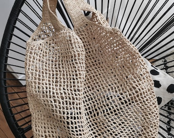 "June" bag in raffia (openwork crochet mesh) sand