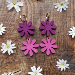 Boucles d'oreilles Daisy en cuir upcyclé / Violet, Rose Double et simple zdjęcie 6