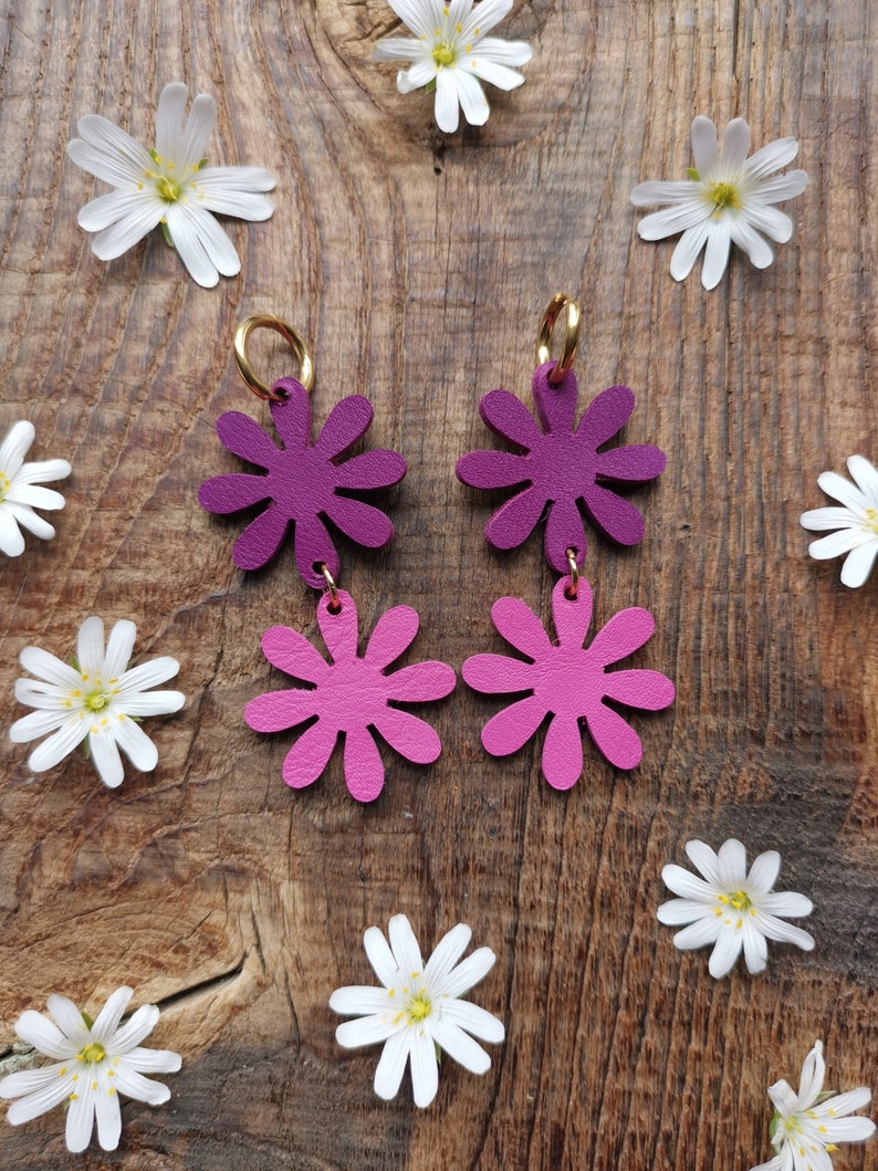 Boucles d'oreilles Daisy en cuir upcyclé / Violet, Rose Double et simple zdjęcie 6