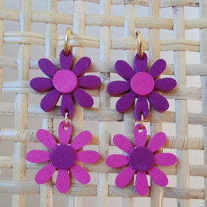 Boucles d'oreilles Daisy en cuir upcyclé / Violet, Rose Double et simple zdjęcie 2