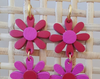 Pendientes margaritas en cuero reciclado /Rosa, Rojo (Doble y simple)