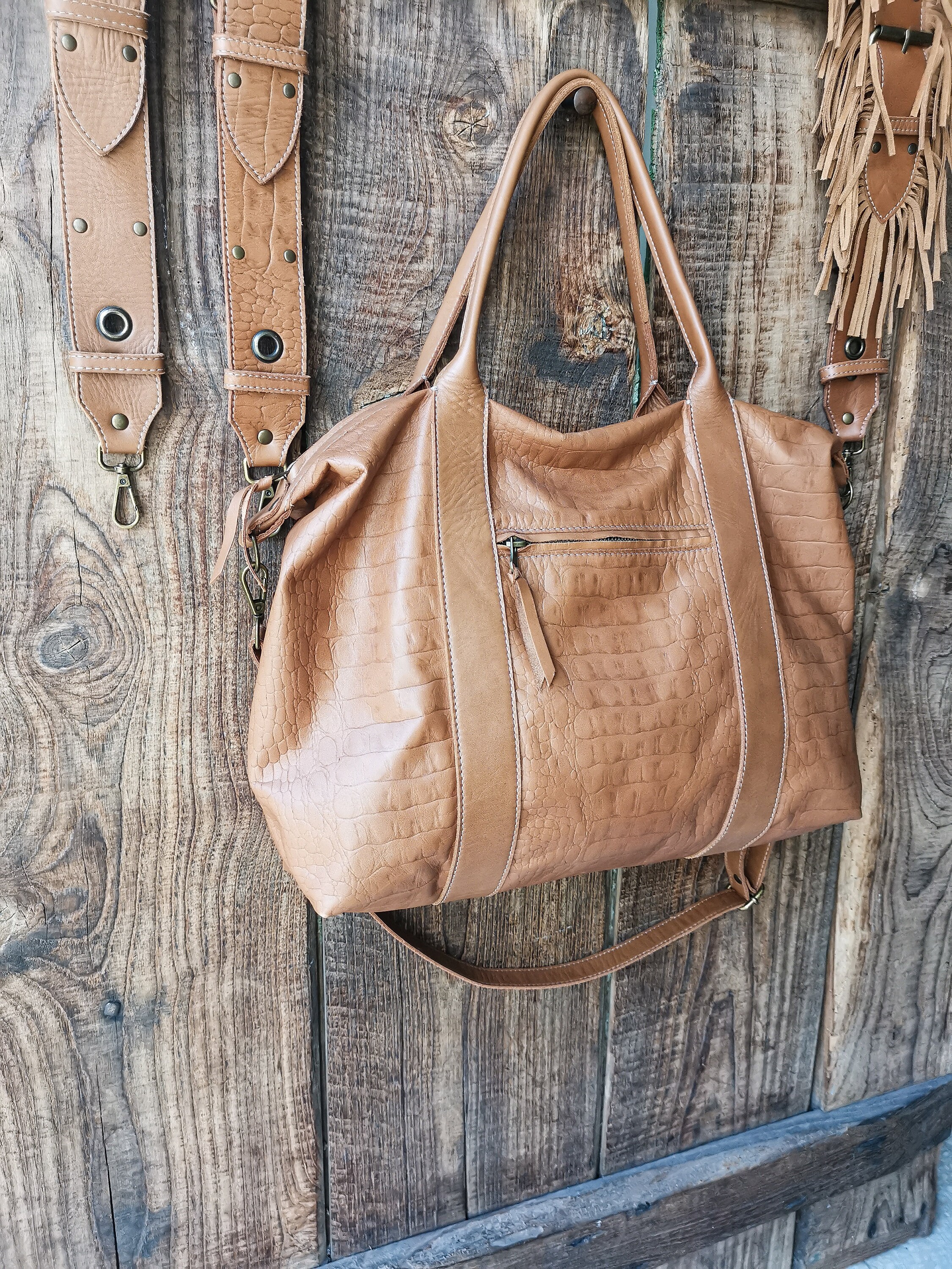 "LOUISE" bag size M in camel crocodile cowhide leather
