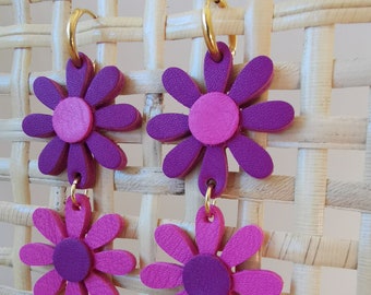 Daisy earrings in upcycled leather / Purple, Pink (Double and single)