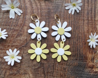 Boucles d'oreilles Daisy en cuir upcyclé /Jaune et Blanc (Double et simple)