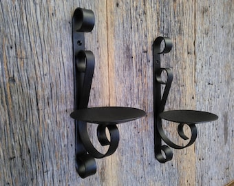 Two metal candle wall sconce rustic black wrought iron wall art candle holder for pillar candles (set of two)