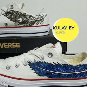 Blue feather with metalic tribal boho design Converse hand painted custom shoes