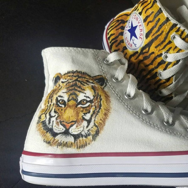 Tiger design with print high top converse hand painted custom shoes for animal and zoo lover, birthday and christmas gift