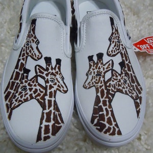 Giraffee monochromatic hand painted slip on vans shoes with animal print around, custom made for animal lover